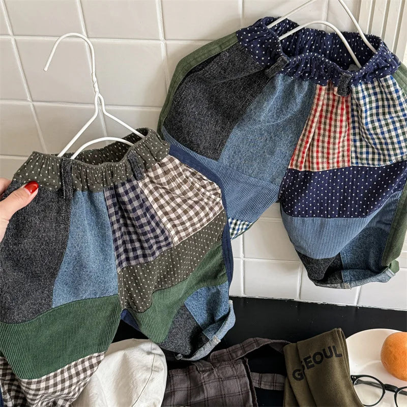 -キッズパンツ 水玉ドットレトロパッチワークルーズワイドデニムパンツ ジーンズジーパン - mamahalo shop - デニムパンツ -  べビー服 - 子供服 - 男の子 - 女の子