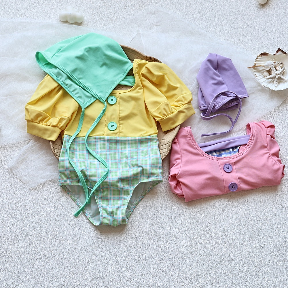 -キッズ 水着 チェック ドッキング パフスリーブ 半袖 ワンピース 帽子 セット スイムウェア ガールズ【mh0002171】 - mamahalo shop - ベビー用水着 -  べビー服 - 子供服 - 男の子 - 女の子