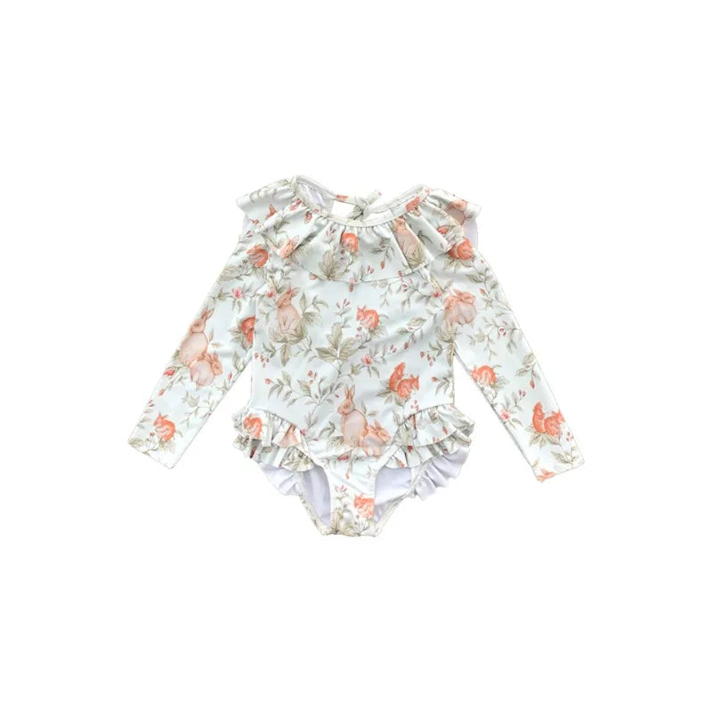 -キッズ水着 ガールズ 長袖ワンピース+帽子セット フリル ラビットうさぎプリント スイムウェア【mh0005985】 - mamahalo shop - ベビー用水着 -  べビー服 - 子供服 - 男の子 - 女の子