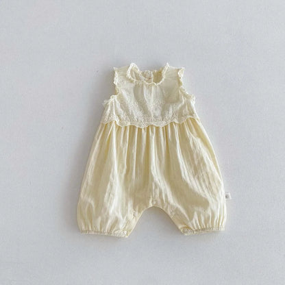 -ベビーロンパース ノースリーブジャンプスーツ レースフリル 2カラー【mh0006065】 - mamahalo shop - ノースリーブジャンプスーツ -  べビー服 - 子供服 - 男の子 - 女の子