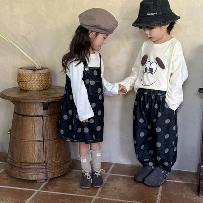 -キッズパンツ/サスペンダースカート デニム水玉ポルカドットプリントルーズロングパンツ/サスペンダーオーバーオールスカート リンクコーデ 兄弟姉妹 お揃いコーデ - mamahalo shop - ノースリーブワンピース -  べビー服 - 子供服 - 男の子 - 女の子