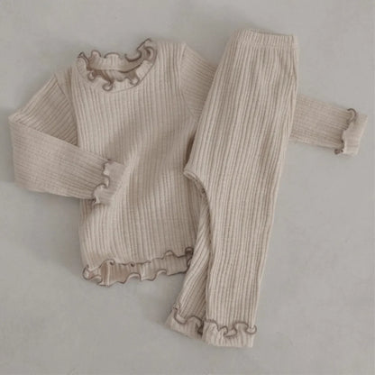 -ベビーセットアップ 2点セット プリーツ加工フリル長袖Tシャツ+プリーツ加工ロングパンツ 5カラー - mamahalo shop - 長袖セットアップ -  べビー服 - 子供服 - 男の子 - 女の子