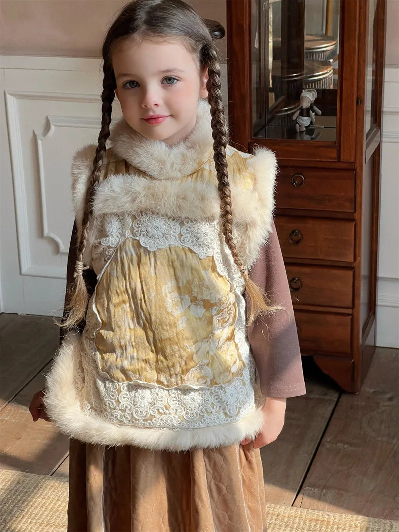 -キッズベスト ファーフリースパッチワーク レース チャイナドレス - mamahalo shop - ベスト -  べビー服 - 子供服 - 男の子 - 女の子