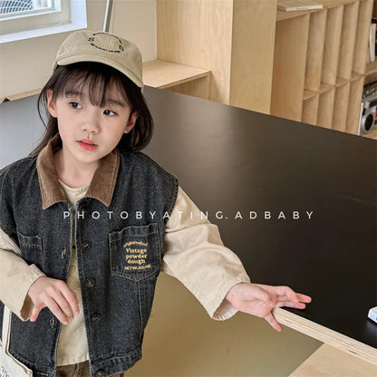 -キッズベスト デニムベスト 襟付き前あき ノースリーブジャケット 2カラー - mamahalo shop - ベスト -  べビー服 - 子供服 - 男の子 - 女の子