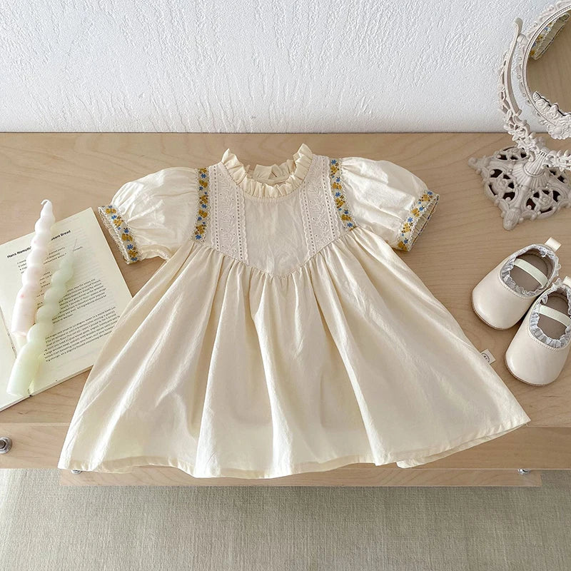 -キッズワンピース 半袖パフスリーブドレスワンピース チロリアン ベージュ - mamahalo shop - 半袖ワンピース -  べビー服 - 子供服 - 男の子 - 女の子