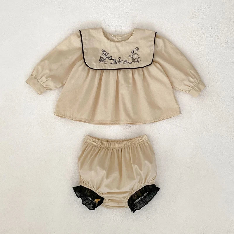 -ベビーキッズセットアップ 2点セット うさぎ刺繍襟長袖チュニックブラウス+ブルマパンツ カーキ【mh0006995】 - mamahalo shop - 長袖セットアップ -  べビー服 - 子供服 - 男の子 - 女の子