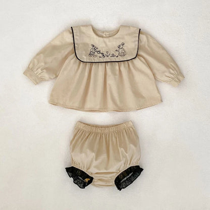 -ベビーキッズセットアップ 2点セット うさぎ刺繍襟長袖チュニックブラウス+ブルマパンツ カーキ【mh0006995】 - mamahalo shop - 長袖セットアップ -  べビー服 - 子供服 - 男の子 - 女の子