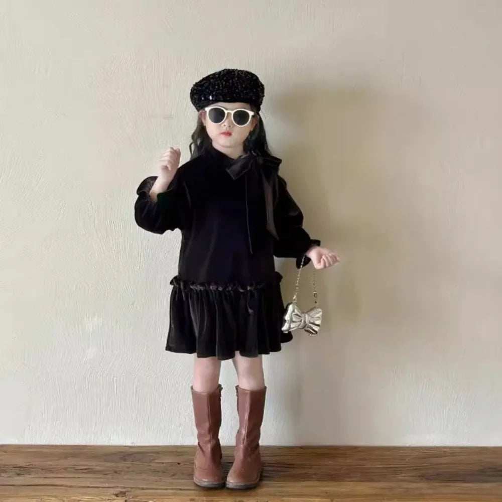 -キッズワンピース ビッグリボンフェイクベルベットウエストマーク長袖ドレスワンピース ダークコーヒー - mamahalo shop - 長袖ワンピース -  べビー服 - 子供服 - 男の子 - 女の子