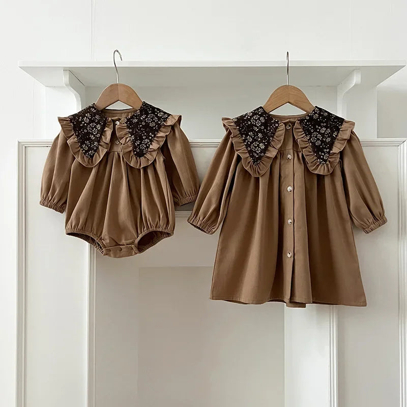 -ベビーロンパース/キッズワンピース レトロフラワービッグ襟長袖パフスリーブボディスーツ/ワンピース リンクコーデ 姉妹 お揃いコーデ - mamahalo shop - 長袖ロンパース -  べビー服 - 子供服 - 男の子 - 女の子