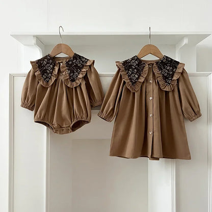 -ベビーロンパース/キッズワンピース レトロフラワービッグ襟長袖パフスリーブボディスーツ/ワンピース リンクコーデ 姉妹 お揃いコーデ - mamahalo shop - 長袖ロンパース -  べビー服 - 子供服 - 男の子 - 女の子