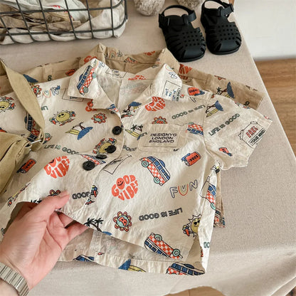 -キッズトップス 半袖シャツ アロハシャツ アメリカンプリント 2カラー - mamahalo shop - 半袖シャツ・ブラウス -  べビー服 - 子供服 - 男の子 - 女の子