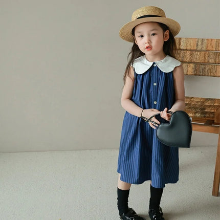 ☺︎ キッズワンピース 襟付きストライプ ノースリーブワンピース ブルー - mamahalo shop - ノースリーブワンピース -  べビー服 - 子供服 - 男の子 - 女の子