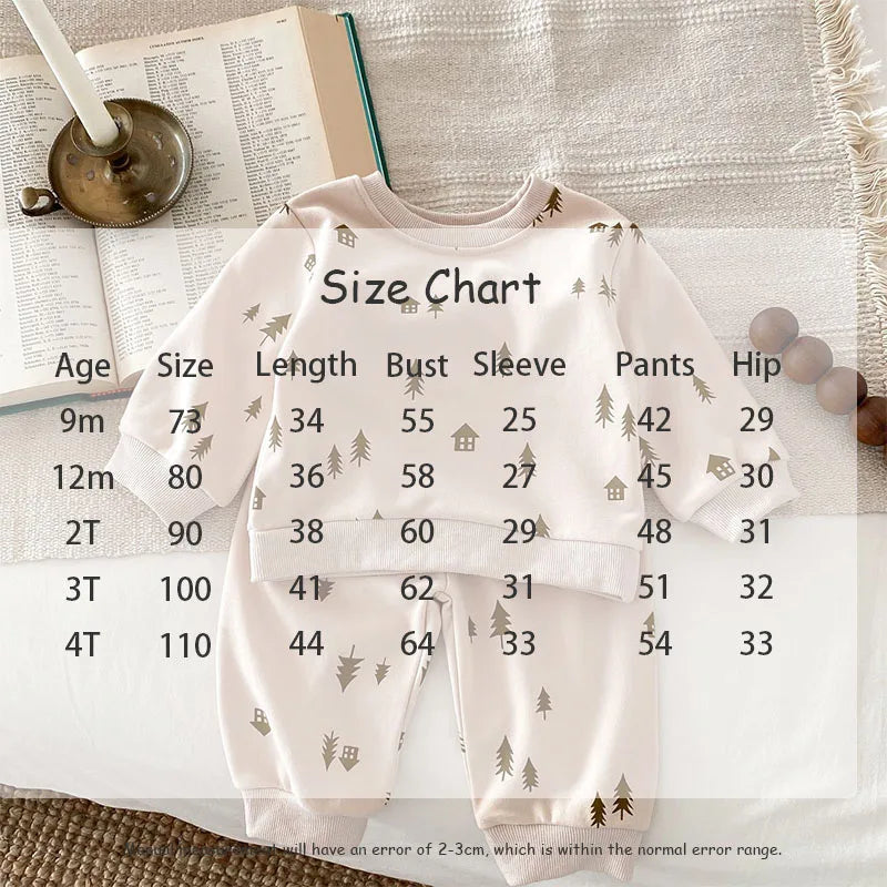 -ベビーセットアップ 2点セット ツリー ハウス リーフ 木 家 葉 プリント柄 スウェットシャツ スウェットパンツ ベージュ ブラウン 2カラー - mamahalo shop - 長袖セットアップ -  べビー服 - 子供服 - 男の子 - 女の子