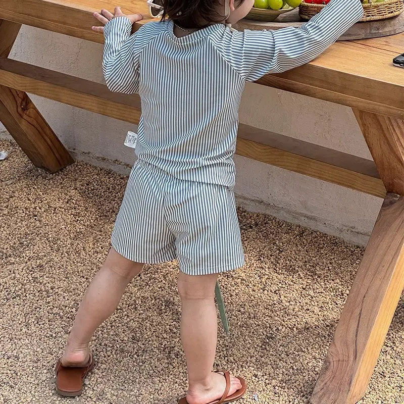 -キッズ水着 帽子セット 長袖 セパレート ストライプ ラッシュガード ボーイズ スイムウェア - mamahalo shop - ベビー用水着 -  べビー服 - 子供服 - 男の子 - 女の子