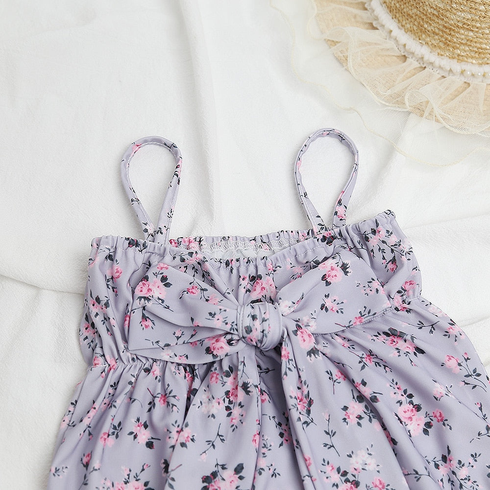 -ベビー 水着 フラワー 花柄 キャミソール リボン ワンピース スイムウェア パープル グレー ガールズ【mh0002046】 - mamahalo shop - ベビー用水着 -  べビー服 - 子供服 - 男の子 - 女の子