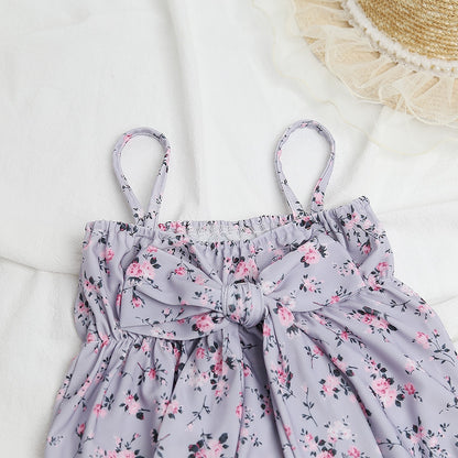 -ベビー 水着 フラワー 花柄 キャミソール リボン ワンピース スイムウェア パープル グレー ガールズ【mh0002046】 - mamahalo shop - ベビー用水着 -  べビー服 - 子供服 - 男の子 - 女の子