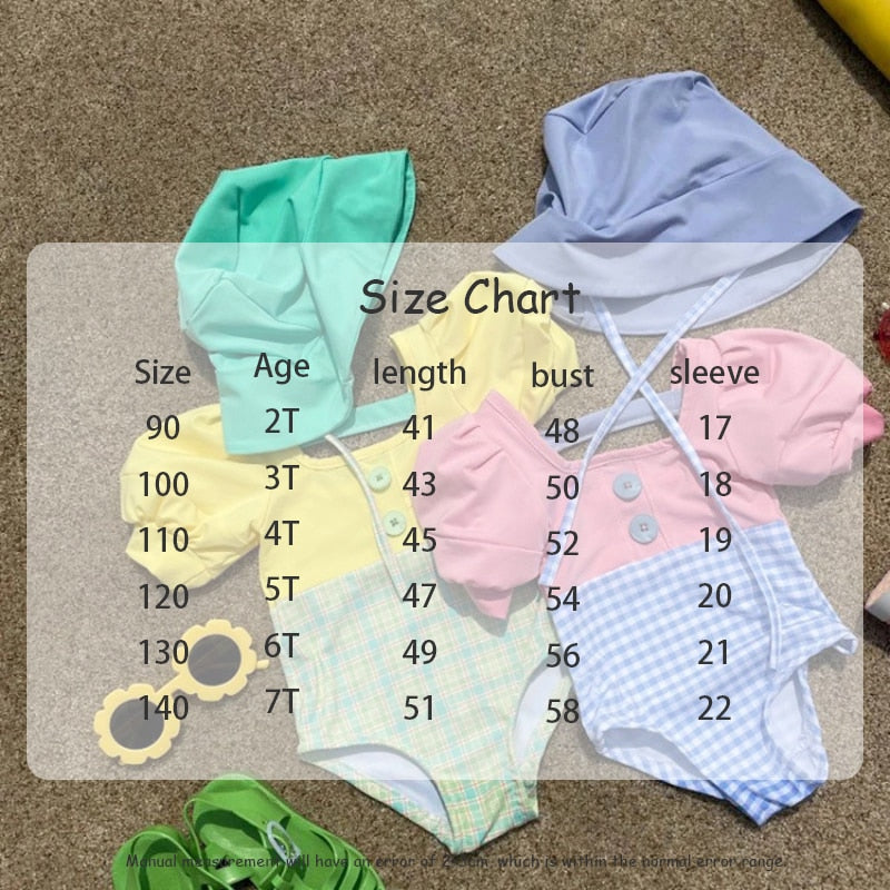 -キッズ 水着 チェック ドッキング パフスリーブ 半袖 ワンピース 帽子 セット スイムウェア ガールズ【mh0002171】 - mamahalo shop - ベビー用水着 -  べビー服 - 子供服 - 男の子 - 女の子