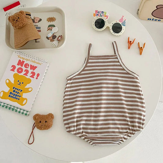 -ベビーロンパース キャミソールボディスーツ ボーダー ベアくまアップリケ【mh0006267】 - mamahalo shop - ノースリーブロンパース -  べビー服 - 子供服 - 男の子 - 女の子