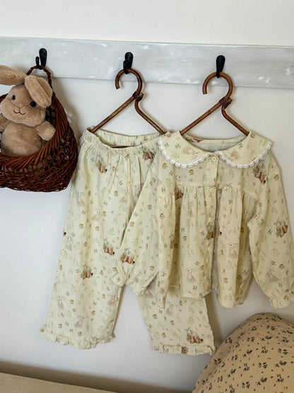 -キッズパジャマセット アップルりんご/うさぎバニープリント長袖ブラウス+ロングパンツ 3カラー - mamahalo shop - 長袖パジャマ -  べビー服 - 子供服 - 男の子 - 女の子