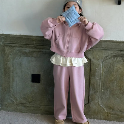 -キッズセットアップ 2点セット ペプラムフリルドッキングフーディジッパー長袖スウェットパーカー+スウェットロングパンツ ピンク【mh0007344】 - mamahalo shop - 長袖セットアップ -  べビー服 - 子供服 - 男の子 - 女の子