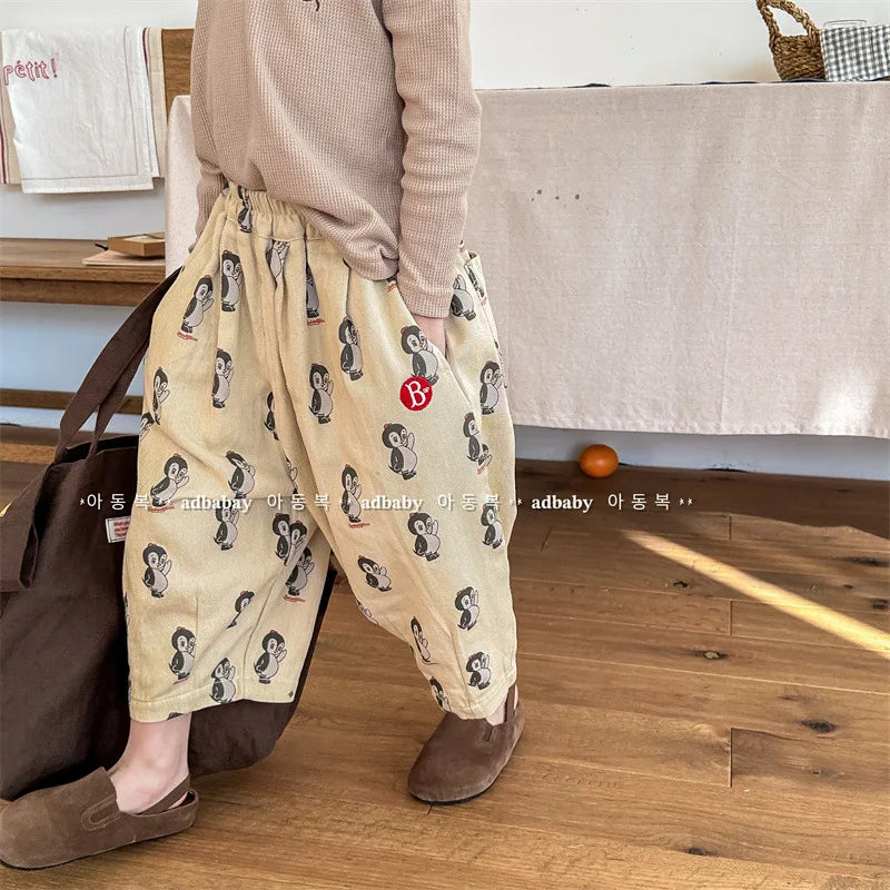 -キッズパンツ ルーズコットンロングパンツ ペンギンプリント柄 アーミーグリーン/カーキイエロー/2カラー - mamahalo shop - ロングパンツ・スウェットパンツ -  べビー服 - 子供服 - 男の子 - 女の子