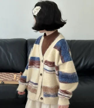 -キッズカーディガン カラフルボーダーVネックニットジャケット 2カラー - mamahalo shop - カーディガン・パーカー -  べビー服 - 子供服 - 男の子 - 女の子