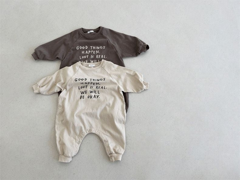 -ベビー 長袖ジャンプスーツ ロンパース レターロゴプリント コーヒー アプリコット 2カラー ボーイズ 男の子 子供服 7826 - mamahalo shop - 長袖ロンパース -  べビー服 - 子供服 - 男の子 - 女の子