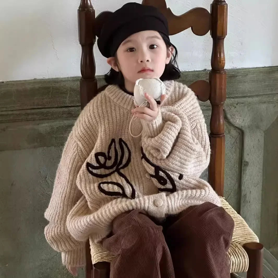 -キッズカーディガン アートフラワールーズニットジャケット アプリコット - mamahalo shop - カーディガン・パーカー -  べビー服 - 子供服 - 男の子 - 女の子