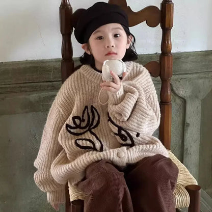 -キッズカーディガン アートフラワールーズニットジャケット アプリコット - mamahalo shop - カーディガン・パーカー -  べビー服 - 子供服 - 男の子 - 女の子