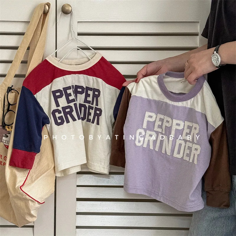 -キッズトップス 長袖Tシャツ ホッケーシャツ パッチワーク レターロゴ刺繍 2カラー - mamahalo shop - 長袖Tシャツ -  べビー服 - 子供服 - 男の子 - 女の子