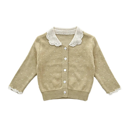 -ベビーキッズカーディガン レース襟 薄手ニットセーター 水玉ドット 2カラー - mamahalo shop - カーディガン・パーカー -  べビー服 - 子供服 - 男の子 - 女の子