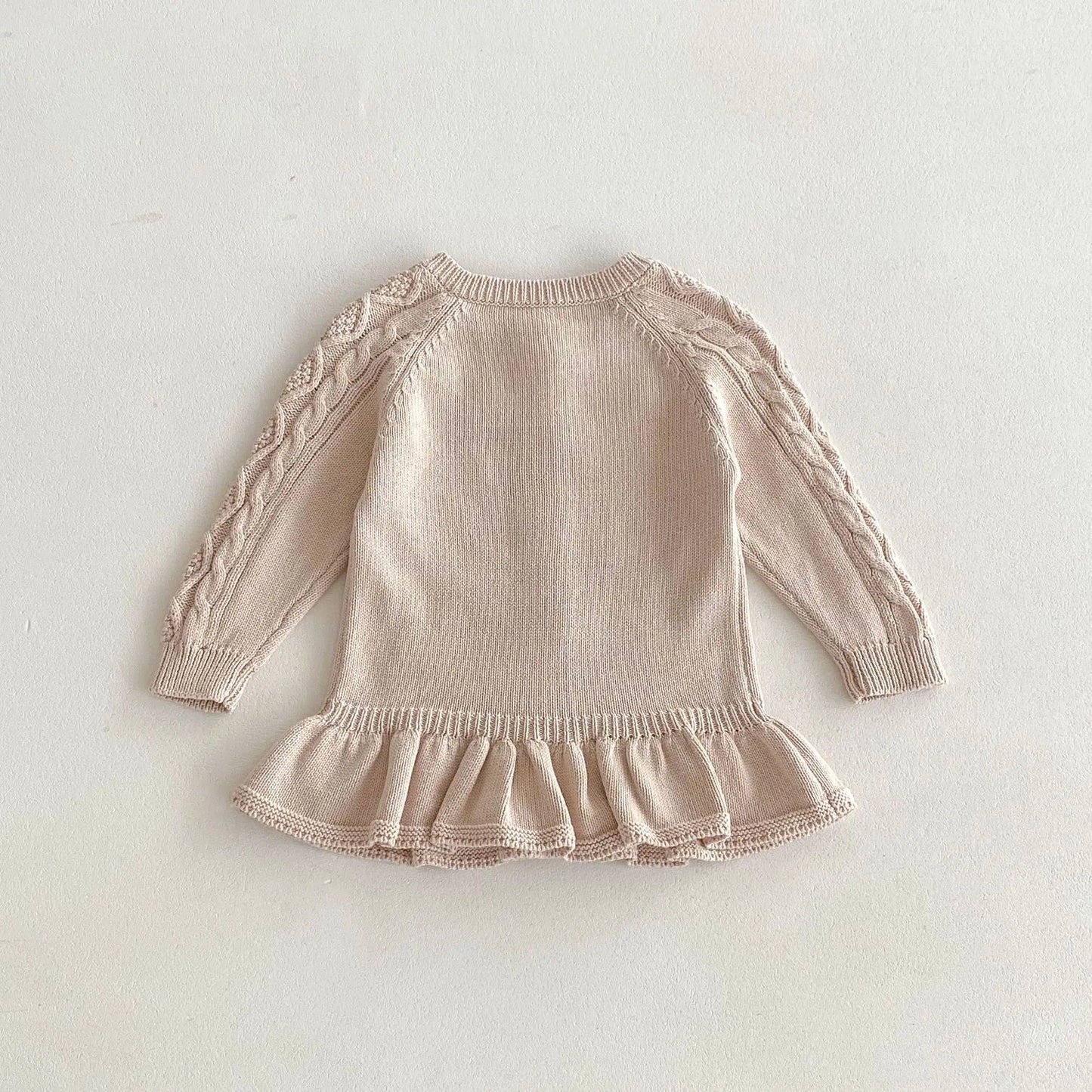 -キッズカーディガン ロングジャケット ペプラムフリル アランニット カーキ【mh0006646】 - mamahalo shop - カーディガン・パーカー -  べビー服 - 子供服 - 男の子 - 女の子