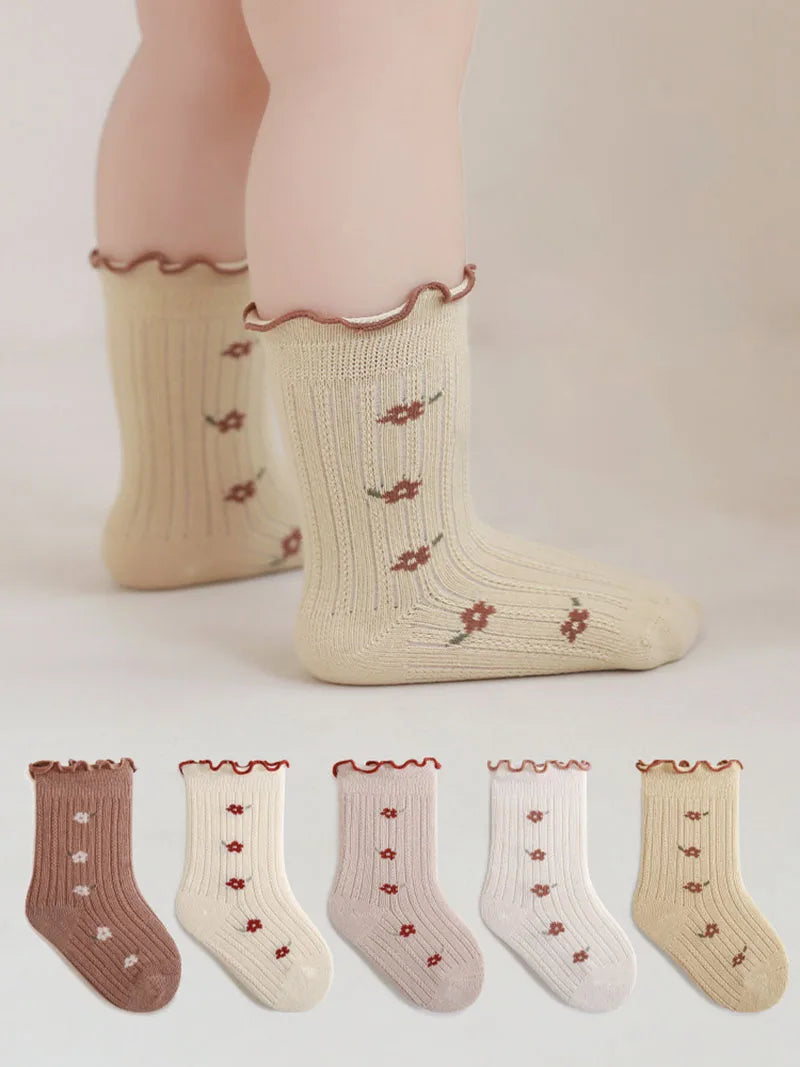 -ベビーキッズソックス 靴下5足セット フラワー花柄 フリルショートソックス - mamahalo shop - ベビー用靴下・タイツ -  べビー服 - 子供服 - 男の子 - 女の子