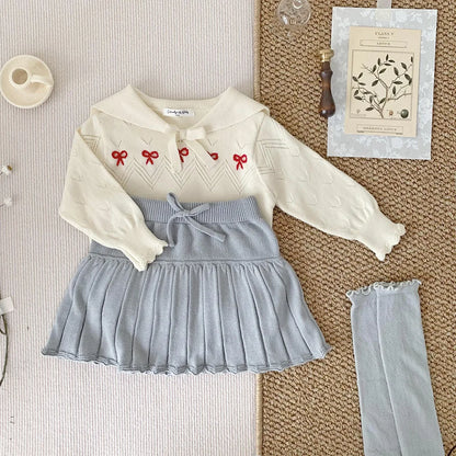 -ベビーキッズトップス ニット セーター セーラーカラー リボン刺繍 ブルー/ベージュ/2カラー【mh0004506】 - mamahalo shop - ニット・セーター -  べビー服 - 子供服 - 男の子 - 女の子