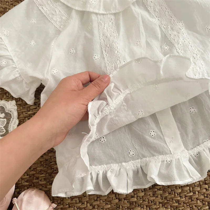 -キッズトップス 半袖ブラウス レース刺繍 ベージュ - mamahalo shop - 半袖シャツ・ブラウス -  べビー服 - 子供服 - 男の子 - 女の子