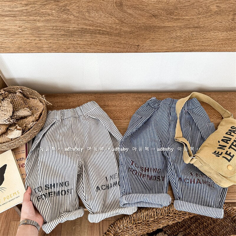 -キッズ ストライプ レターロゴ プリント ルーズ ヒッコリー パンツ ボーイズ - mamahalo shop - ロングパンツ・スウェットパンツ -  べビー服 - 子供服 - 男の子 - 女の子