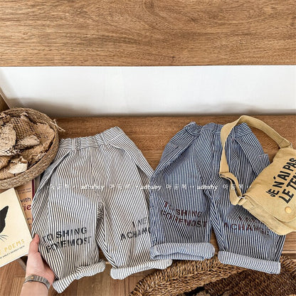 -キッズ ストライプ レターロゴ プリント ルーズ ヒッコリー パンツ ボーイズ - mamahalo shop - ロングパンツ・スウェットパンツ -  べビー服 - 子供服 - 男の子 - 女の子