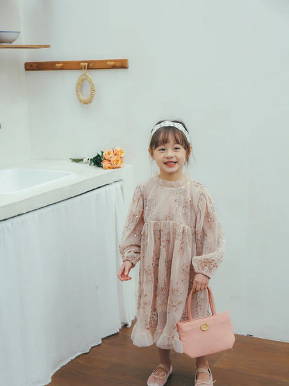 -キッズワンピース スパンコール 長袖パフスリーブ シフォンドレス パーティドレス ピンク【mh0004261】 - mamahalo shop - 長袖ワンピース -  べビー服 - 子供服 - 男の子 - 女の子