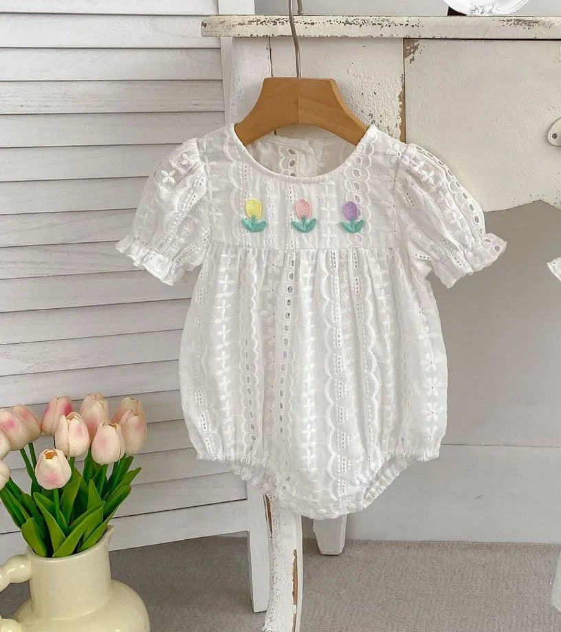 -ベビーロンパース/キッズワンピース 半袖ボディスーツ/半袖ワンピース レース チューリップ刺繍 リンクコーデ 姉妹 お揃いコーデ - mamahalo shop - 半袖ロンパース -  べビー服 - 子供服 - 男の子 - 女の子