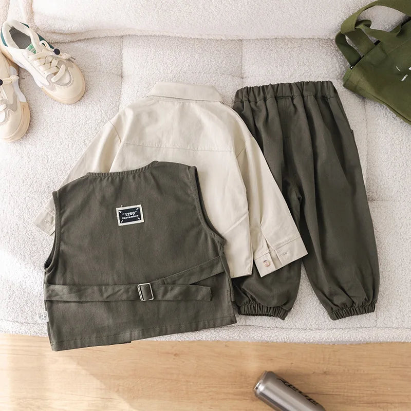 -キッズセットアップ 3点セット 長袖シャツ+アシメボタンベスト+ステッチアクセントロングパンツ 2カラー - mamahalo shop - 長袖セットアップ -  べビー服 - 子供服 - 男の子 - 女の子