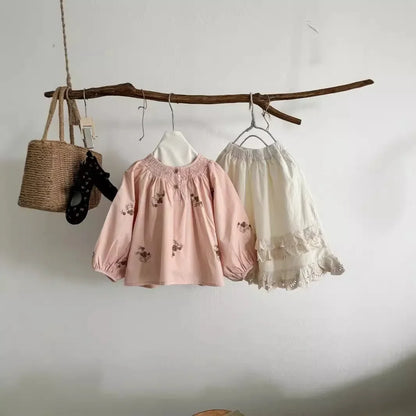 -キッズトップス フラワー刺繍長袖チュニックブラウス ピンク - mamahalo shop - 長袖シャツ・ブラウス -  べビー服 - 子供服 - 男の子 - 女の子