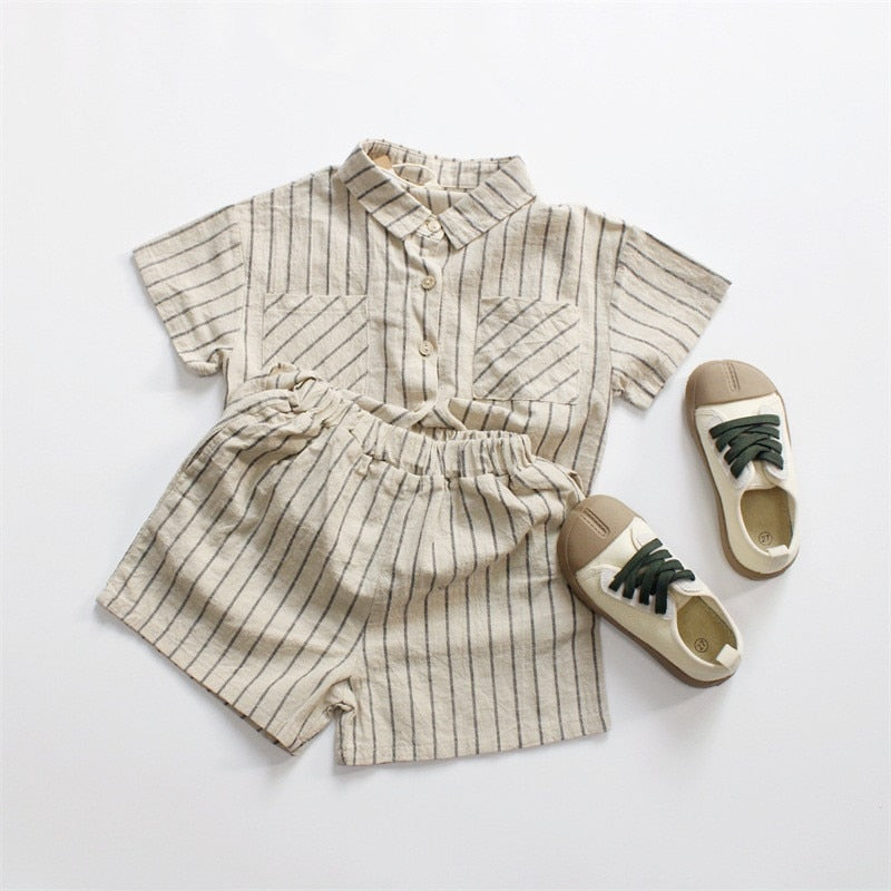-キッズ ストライプ セットアップ 半袖 シャツ ブラウス ショートパンツ ベージュ ボーイズ - mamahalo shop - 半袖セットアップ -  べビー服 - 子供服 - 男の子 - 女の子