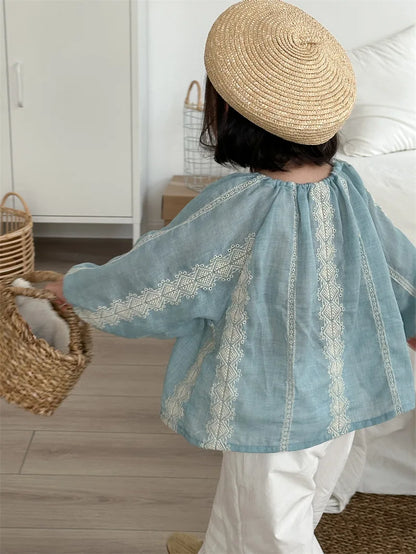 -キッズトップス 長袖スモック チュニックブラウス ストライプ刺繍 長袖シャツ - mamahalo shop - 長袖シャツ・ブラウス -  べビー服 - 子供服 - 男の子 - 女の子