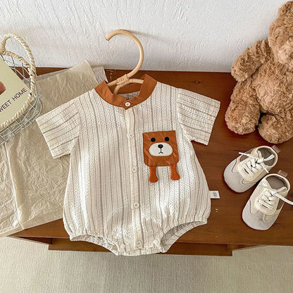 -ベビーロンパース 半袖ボディスーツ ノーカラーシャツ ベアくまポケット ストライプ【mh0006166】 - mamahalo shop - 半袖ロンパース -  べビー服 - 子供服 - 男の子 - 女の子