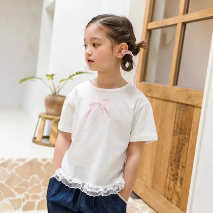 ベビーキッズトップス 裾レースフリル半袖Tシャツ リボンプリント 2カラー - mamahalo shop - 半袖Tシャツ - ベビー服 - 子供服 - 男の子 - 女の子