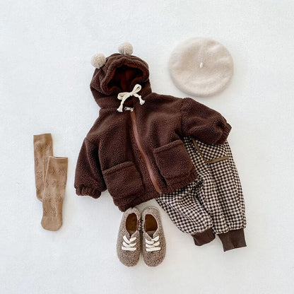 -キッズアウター 耳付きフーディジャケット フリースコート くま耳フード ブラウン ベージュ 2カラー ボーイズ 男の子 子供服 - mamahalo shop - ショートコート・ジャケット・ジャンパー -  べビー服 - 子供服 - 男の子 - 女の子