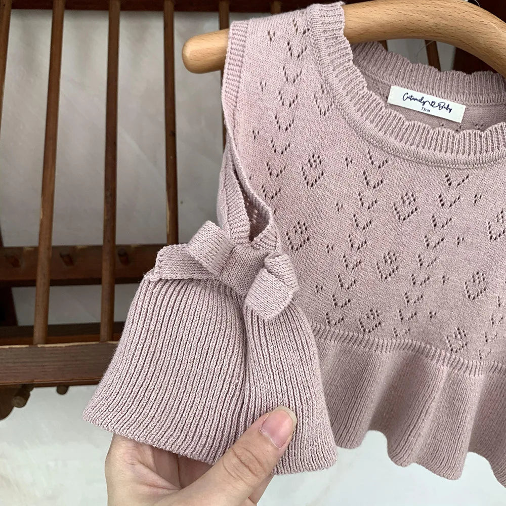 -ベビーキッズベスト レースニット ペプラム リボン ノースリーブトップス アプリコット/ピンク/2カラー【mh0004272】 - mamahalo shop - ベスト -  べビー服 - 子供服 - 男の子 - 女の子