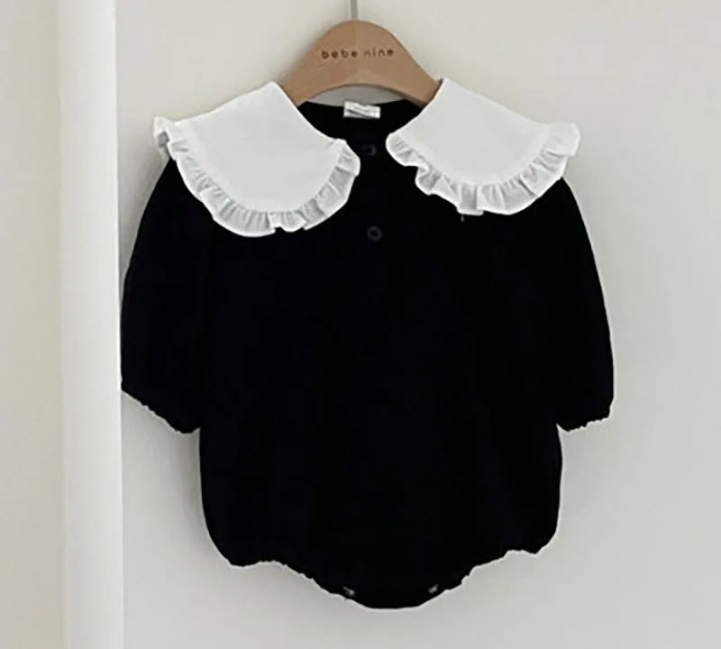 -ベビーロンパース フリルビッグ襟 長袖ボディスーツ ブラック/チェック【mh0004224】 - mamahalo shop - 長袖ロンパース -  べビー服 - 子供服 - 男の子 - 女の子