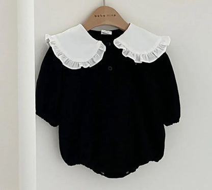 -ベビーロンパース フリルビッグ襟 長袖ボディスーツ ブラック/チェック【mh0004224】 - mamahalo shop - 長袖ロンパース -  べビー服 - 子供服 - 男の子 - 女の子