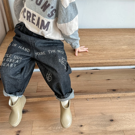 -キッズ デニム レターロゴ 象 刺繍 ルーズ パンツ ジーンズ ジーパン ボーイズ - mamahalo shop - デニムパンツ -  べビー服 - 子供服 - 男の子 - 女の子